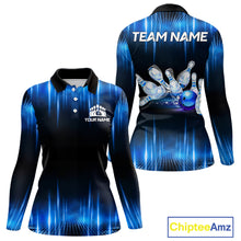 Load image into Gallery viewer, Black and Blue Bowling polo, Quarter zip Shirts for Women Custom Bowling Team jersey, Gift For Bowler NQS11299