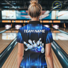 Load image into Gallery viewer, Black and Blue Bowling polo, Quarter zip Shirts for Women Custom Bowling Team jersey, Gift For Bowler NQS11299