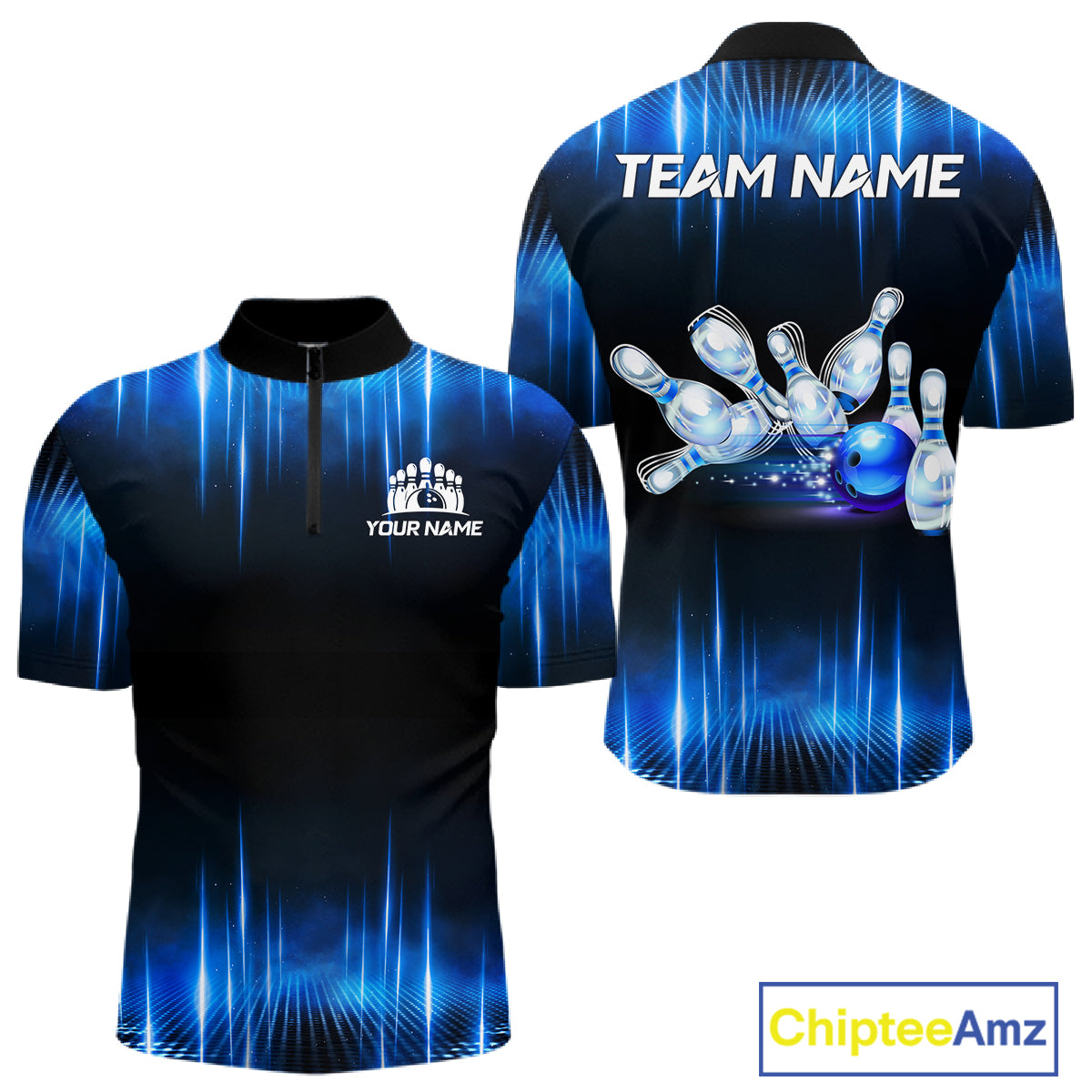 Black and Blue Bowling polo, Quarter zip Shirts for Men Custom Bowling Team jerseys, Gift For Bowler NQS11299