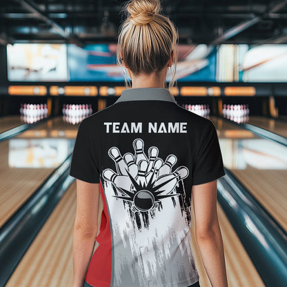 Black and White Skull Bowling Polo, Quarter Zip Shirts For Women Custom Bowling Team Jerseys | Red NQS9587