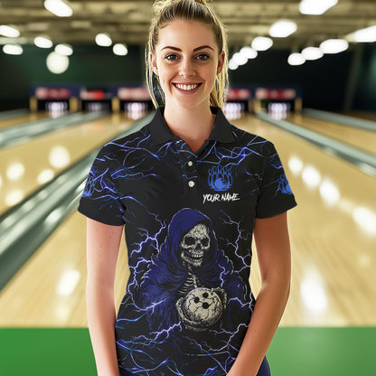 Black and Blue Lightning Thunder Skull reaper Bowling Shirts For Women Custom Bowling Team Jerseys NQS9590