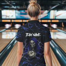 Load image into Gallery viewer, Black and Blue Lightning Thunder Skull reaper Bowling Shirts For Women Custom Bowling Team Jerseys NQS9590