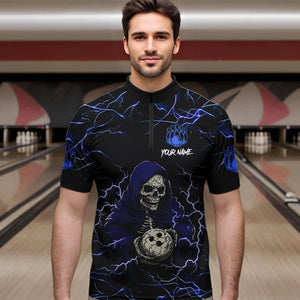 Black and Blue Lightning Thunder Skull reaper Bowling Shirts For Men Custom Bowling Team Jerseys NQS9590