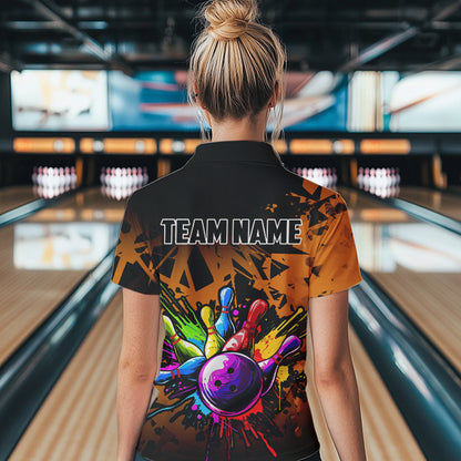 Colorful bowling jersey Polo, 1/4 Zip Shirt for Women Custom Bowling Team shirts for bowler| Orange NQS9730