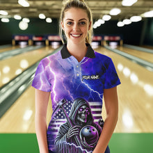 Load image into Gallery viewer, Purple American Flag Lightning Thunder Storm Reaper Bowling Shirt For Women Custom Bowling Team Jersey NQS9732
