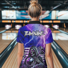 Load image into Gallery viewer, Purple American Flag Lightning Thunder Storm Reaper Bowling Shirt For Women Custom Bowling Team Jersey NQS9732