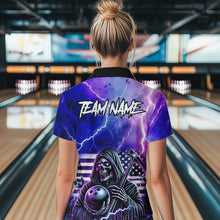 Load image into Gallery viewer, Purple American Flag Lightning Thunder Storm Reaper Bowling Shirt For Women Custom Bowling Team Jersey NQS9732