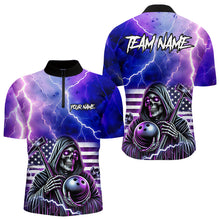 Load image into Gallery viewer, Purple American Flag Lightning Thunder Storm Reaper Bowling Shirt For Men Custom Bowling Team Jersey NQS9732