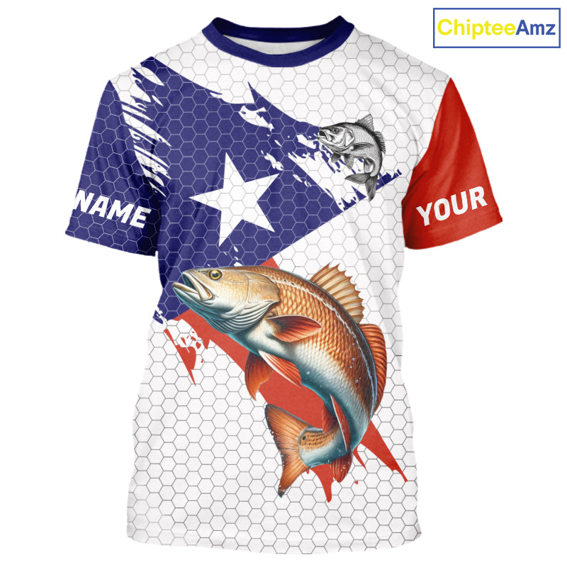 Red, White and Blue Texas Flag Redfish Fishing custom Redfish long sleeves performance fishing shirts NQS10001