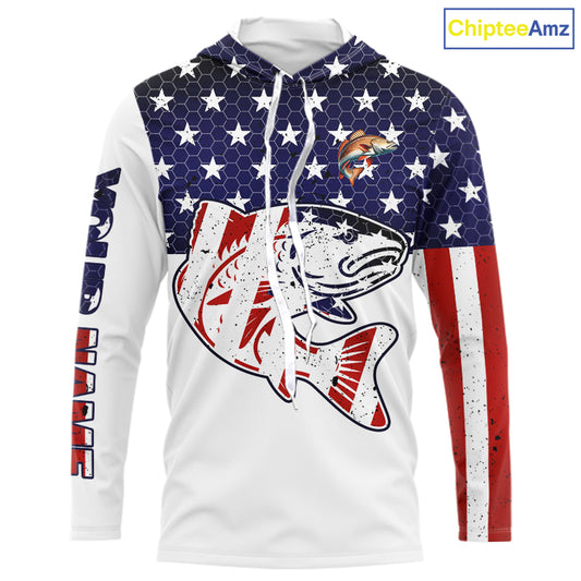 Red, White and Blue American Flag Redfish Fishing custom patriotic Redfish performance fishing shirts NQS10002