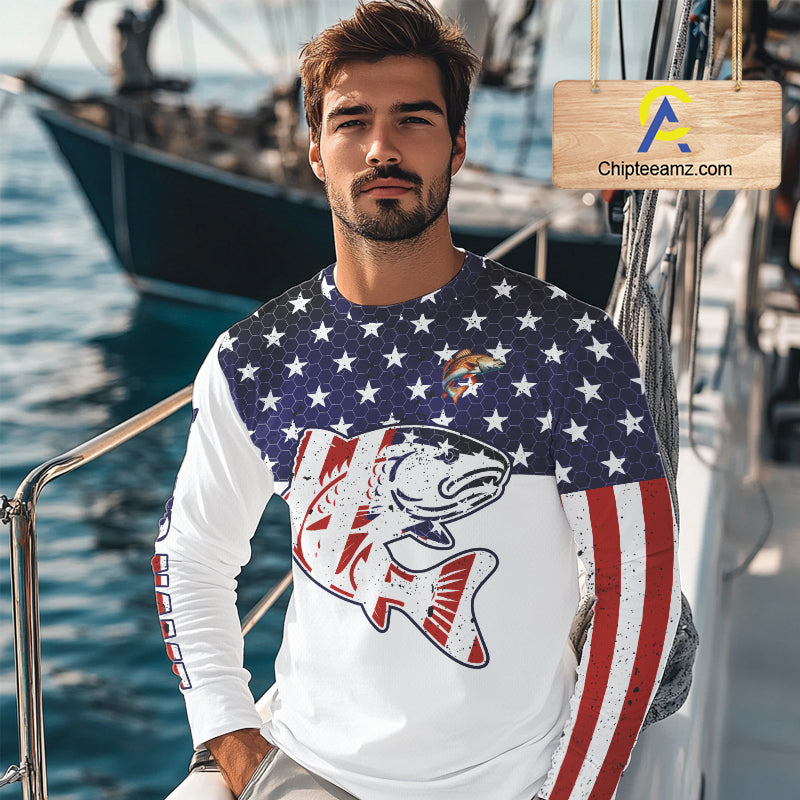 Red, White and Blue American Flag Redfish Fishing custom patriotic Redfish performance fishing shirts NQS10002