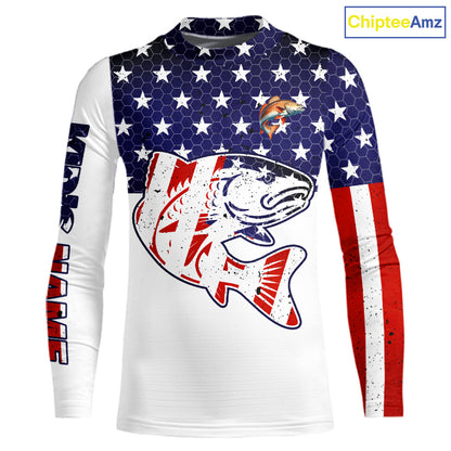 Red, White and Blue American Flag Redfish Fishing custom patriotic Redfish performance fishing shirts NQS10002