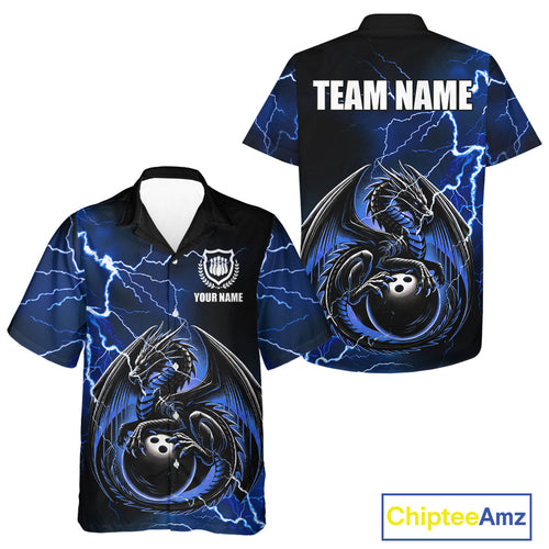 Personalized Black And Blue Thunder Lightning Dragon Bowling Hawaiian Shirt, Bowling Team Uniform NQS10295