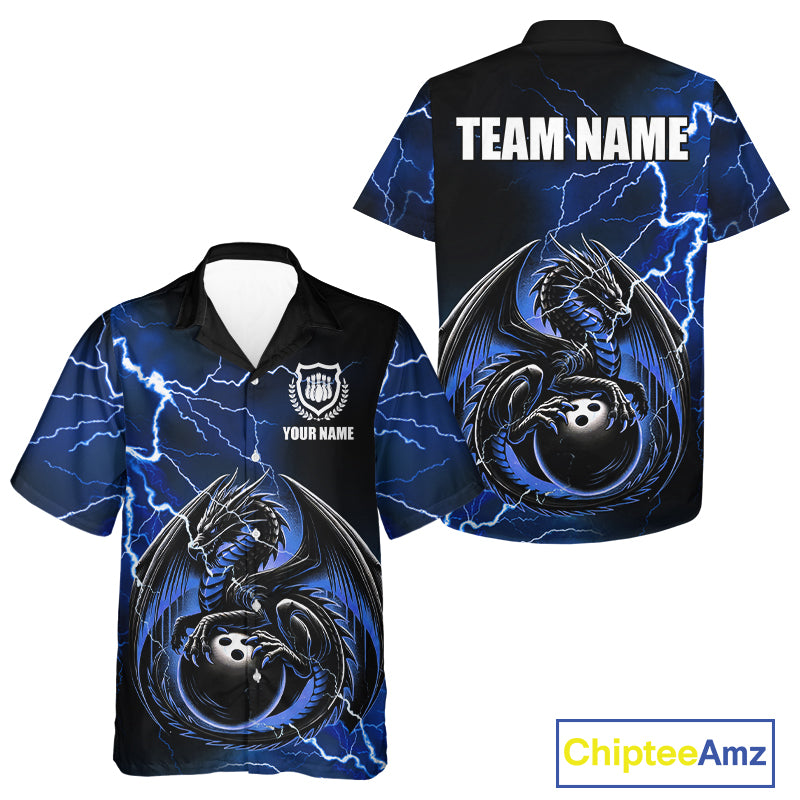 Personalized Black And Blue Thunder Lightning Dragon Bowling Hawaiian Shirt, Bowling Team Uniform NQS10295