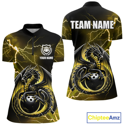 Personalized Black And Yellow Thunder Lightning Dragon Bowling Shirts For Women, Bowling Team Uniform NQS10297