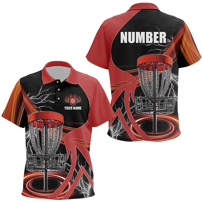 Kid disc golf polos shirt custom lightning thunder disc golf basket, disc golf jersey | Red NQS8528