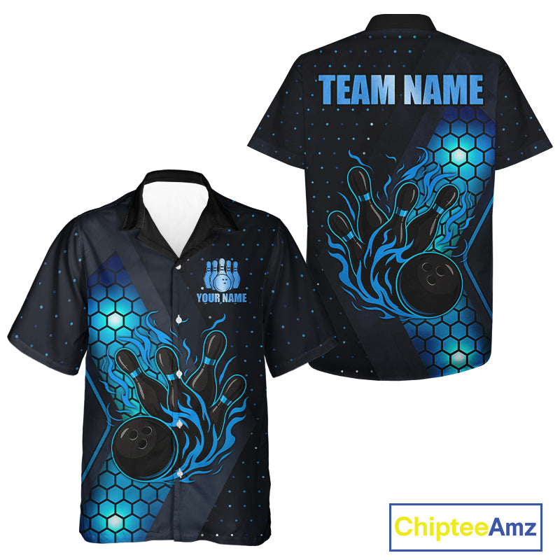 Black and Blue Flame Bowling Hawaiian Shirt Custom Bowling Team Shirt, Bowler Outfit NQS10925