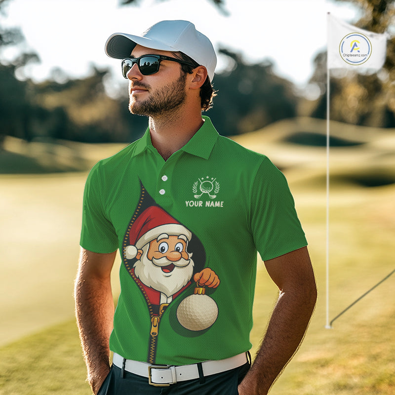 Green Christmas Funny Santa Golf Polo Shirts For Men Custom Xmas Mens Golf Attire, Christmas gifts NQS10927