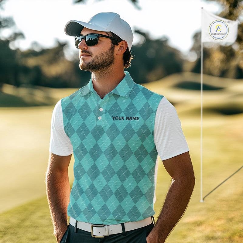 Turquoise argyle pattern Funny Flame Golf polo shirt for men Custom team mens Golf attire NQS11102