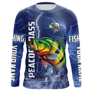 Peacock Bass Fishing blue lightning jerseys custom performance Long Sleeve tournament fishing shirts NQS9237