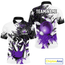 Load image into Gallery viewer, Black &amp; White Men Bowling Polo, Quarter Zip Shirt Custom bowling jersey, mens bowling outfit | Purple NQS11307