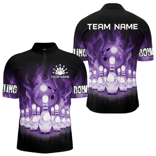 Black And Purple Flame Bowling ball pins Custom Bowling Shirts For Men, Bowling Team Shirt NQS9741