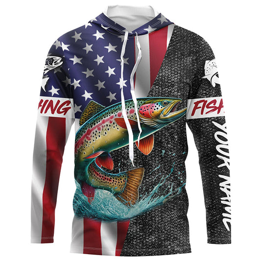 American Flag Rainbow trout Fishing Custom long sleeve performance Fishing Shirt, Trout Fishing jersey NQS7884