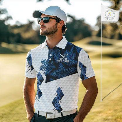 Blue tropical argyle pattern white golf polos shirts for men custom mens golf top, best golf gifts NQS10303