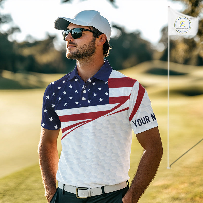 Red, White and Blue American Flag Golf polos shirts for men custom patriotic mens golf attire NQS10304