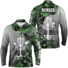 Load image into Gallery viewer, Mens disc golf polo shirt custom green camo forest tree disc golf basket, disc golf jerseys NQS8538
