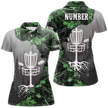 Load image into Gallery viewer, Womens disc golf polo shirt custom green camo forest tree disc golf basket, disc golf jerseys NQS8538