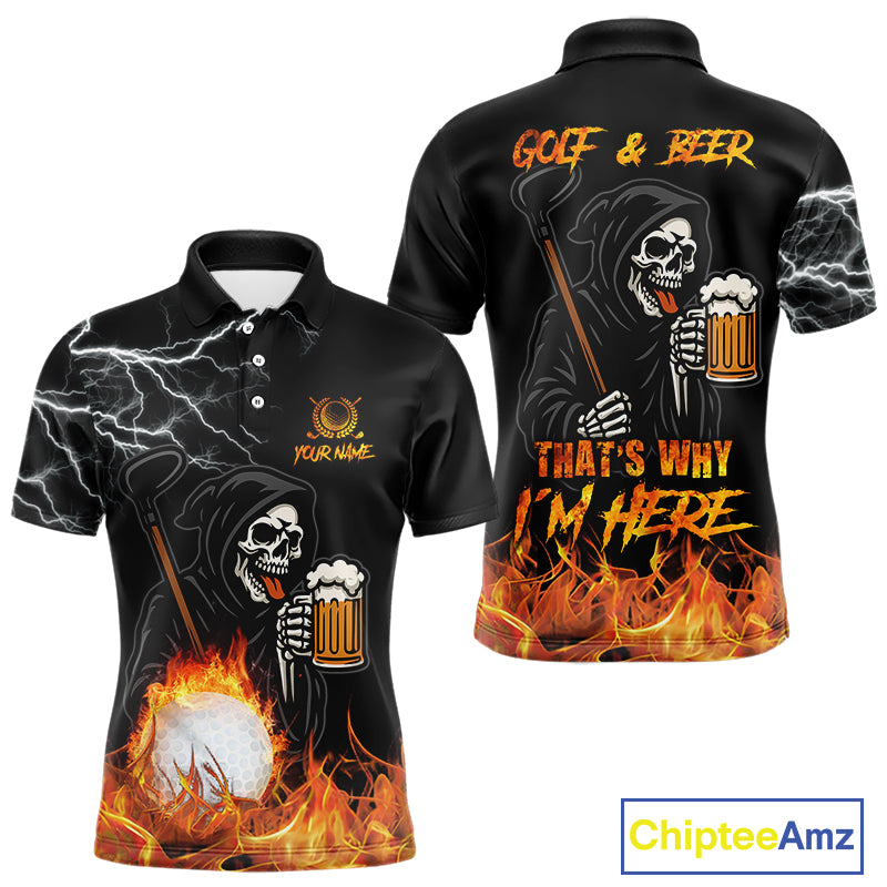Funny Skull Reaper Lightning Flame Golf Polo Shirts For Men custom Golf & Beer That's why I'm here NQS10932
