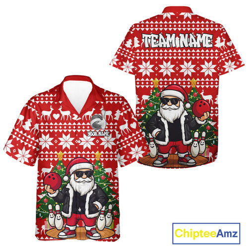 Funny Santa Christmas Bowling Hawaiian Shirt Custom Team Bowling Button Up Shirt | Red NQS10936