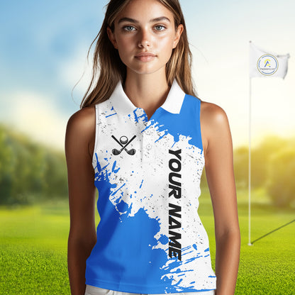 Blue and White Women's Sleeveless polo shirt Custom team golf outfit, golf attire for ladies NQS11316