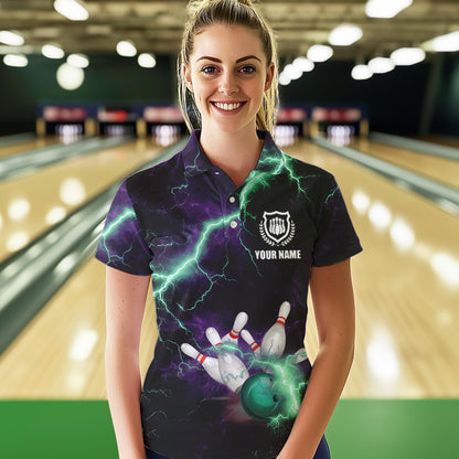 Women bowling shirts Custom Purple green lightning thunder Bowling Team Jersey, gift for team Bowlers NQS9601