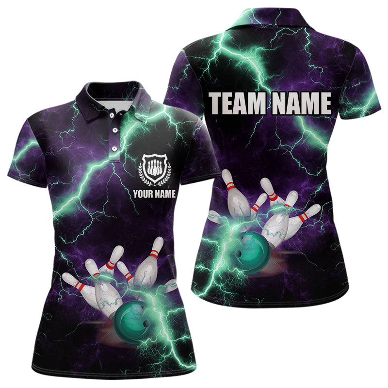 Women bowling shirts Custom Purple green lightning thunder Bowling Team Jersey, gift for team Bowlers NQS9601