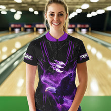 Load image into Gallery viewer, Black and Purple Flame Eagle Bowling Shirt For Women Custom Team Name Bowling Jerseys For Bowlers NQS9749