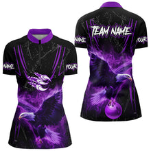 Load image into Gallery viewer, Black and Purple Flame Eagle Bowling Shirt For Women Custom Team Name Bowling Jerseys For Bowlers NQS9749