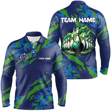 Load image into Gallery viewer, Blue and Green camo Bowling Polo Shirt for Men Custom Flame Bowling ball pins Team Bowler Jerseys NQS7529