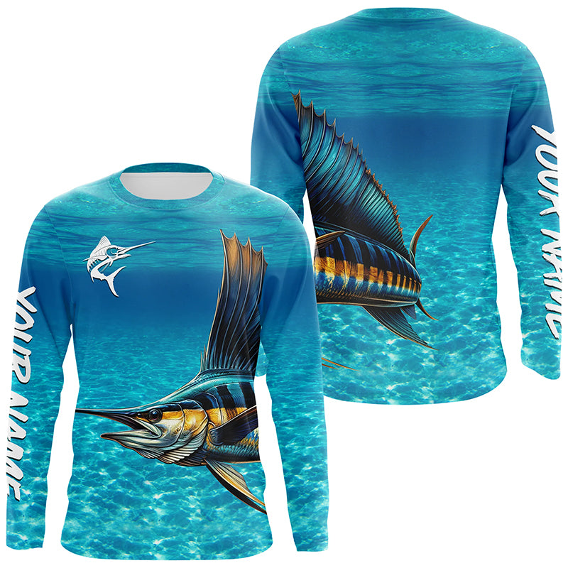 Sailfish fishing blue water camo Custom Name sun protection long sleeve fishing shirt for men, women NQS5553