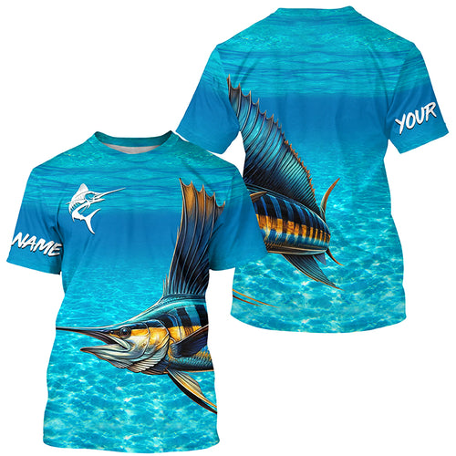 Sailfish fishing blue water camo Custom Name sun protection long sleeve fishing shirt for men, women NQS5553