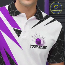 Load image into Gallery viewer, Black and White Bowling Polo, Quarter Zip Shirt for Men Custom Lightning Team bowling jersey | Purple NQS10003