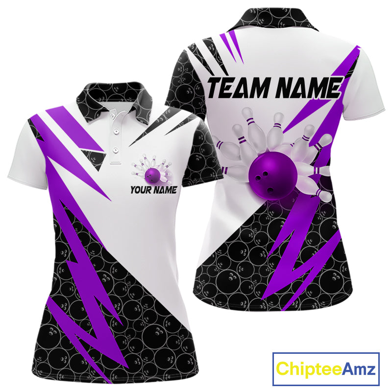 Black & White Bowling Polo, Quarter Zip Shirt for Women Custom Lightning Team bowling jersey | Purple NQS10003