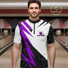 Load image into Gallery viewer, Black and White Bowling Polo, Quarter Zip Shirt for Men Custom Lightning Team bowling jersey | Purple NQS10003