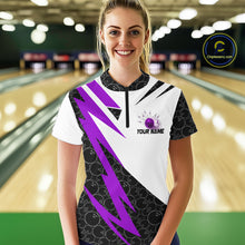 Load image into Gallery viewer, Black &amp; White Bowling Polo, Quarter Zip Shirt for Women Custom Lightning Team bowling jersey | Purple NQS10003