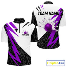 Load image into Gallery viewer, Black and White Bowling Polo, Quarter Zip Shirt for Men Custom Lightning Team bowling jersey | Purple NQS10003