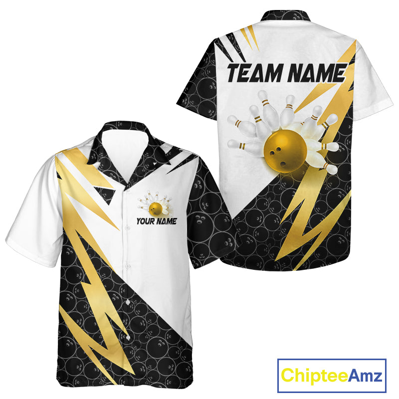 Black and White Hawaiian bowling shirt Custom Lightning Team bowling button up shirt | Gold NQS10004