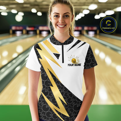 Black & White Bowling Polo, Quarter Zip Shirt for Women Custom Lightning Team bowling jersey | Gold NQS10004