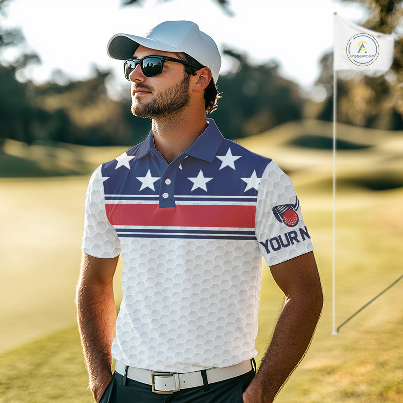 Red, White and Blue American Flag Mens golf polo shirts custom patriotic golf attire for mens NQS10006