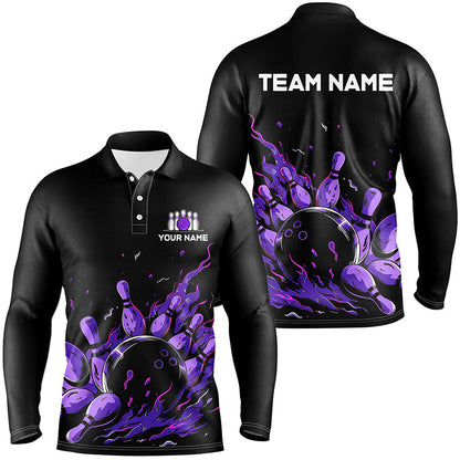 Purple Flame Fire Men's bowling Polo, Quarter Zip shirts custom bowling team shirts, bowling gifts NQS7902